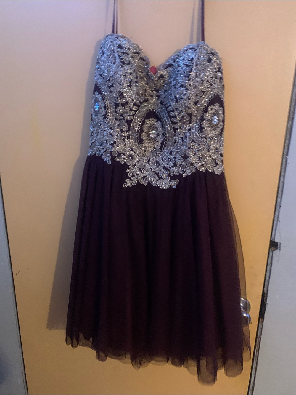 City Studio Burgundy Party Dress with Silver Beaded Bodice